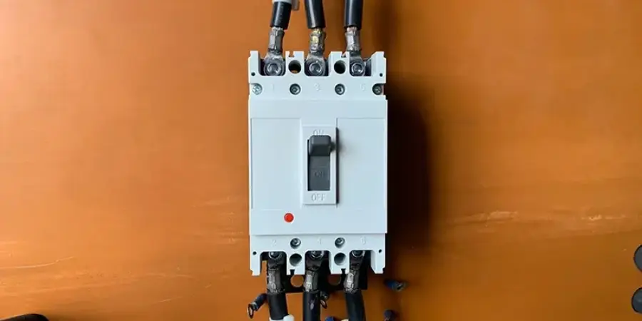 A close-up photograph of a three-pole molded case circuit breaker (MCCB) installed on an orange panel, with thick black cables connected to its upper and lower terminals (labeled 1-3-5 for input and 2-4-6 for output). The toggle switch is in the OFF position, and a red indicator light is visible below it. This setup depicts an MCCB undergoing or prepared for temperature rise testing, a critical type test to verify that temperature increases at terminals and internal components remain within specified limits under rated current load, ensuring compliance with standards like IEC 60947-2 in the low-voltage circuit breaker industry.