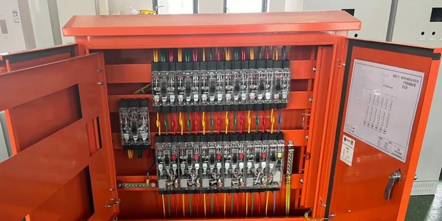 Interior of an open orange temporary power distribution box used on construction sites, showing two rows of molded case circuit breakers (MCCBs) with transparent covers and red handles. Colorful power cables (red, yellow, green, blue, black) are neatly connected to the MCCBs and organized inside the cabinet.
