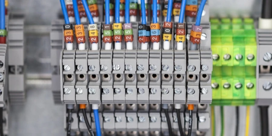 A close-up of gray DIN rail terminal blocks with multiple colored wires connected to the top terminals. Each wire has a numbered ferrule label in different colors for easy identification. The blocks are neatly arranged in a row inside an electrical control cabinet.