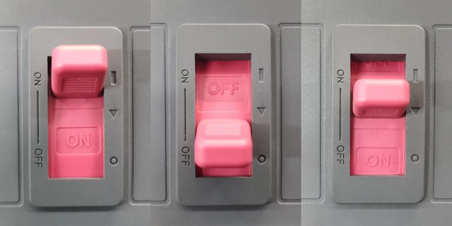 Three photos side by side showing a white three-pole molded case circuit breaker on a green surface. Left: handle up in the ON position with red indicator. Middle: handle down in the OFF position with green indicator. Right: handle in the middle tripped position with both green ON and red OFF indicators visible.