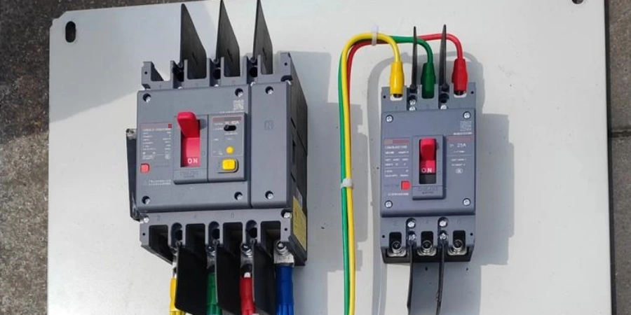 Two gray molded case circuit breakers (MCCBs) with red handles in the ON position, mounted on a white panel. Thick yellow, green, and red cables are connected to the terminals, secured with lugs and cable ties.