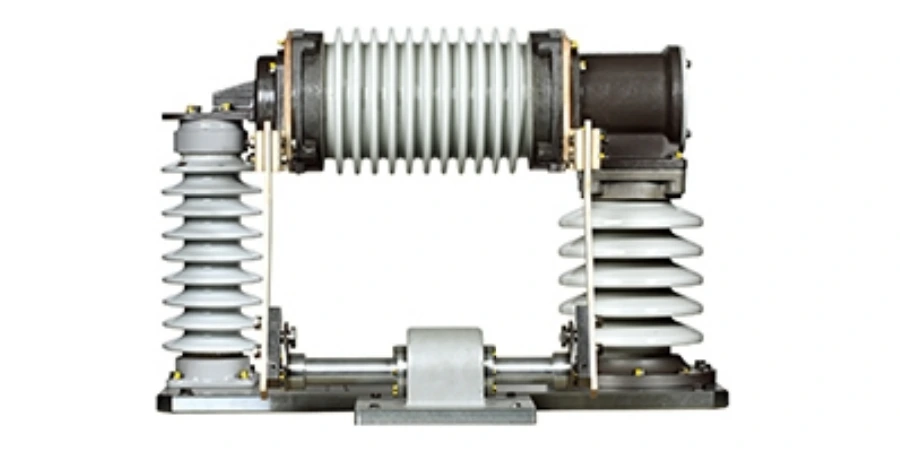 Grey porcelain high-voltage circuit breaker designed for high-speed rail use, with two tall ribbed insulator columns, central interrupter unit, metal connecting frame, and mounting base on a white background.
