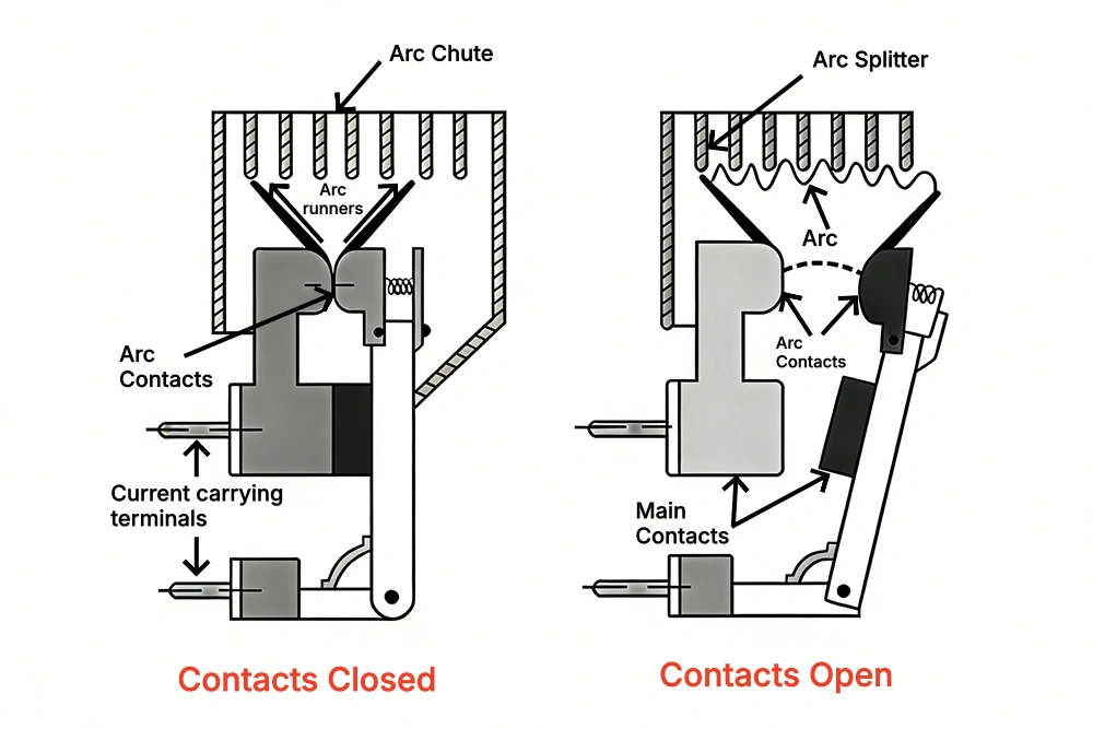 Technical diagram showing the arc extinction system in an air circuit breaker. Left side: Contacts Closed – main contacts touching, arc contacts engaged, arc runners directing arc into arc chute with parallel metal plates. Right side: Contacts Open – main contacts separated, arc drawn between arc contacts, arc stretched and split by arc splitter plates inside the arc chute. Includes labeled parts like arc chute, arc runners, arc splitter, arc contacts, main contacts, current-carrying terminals, and operating mechanism with spring.