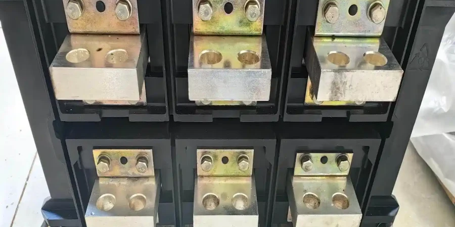 Close-up of metal busbars mounted in a black plastic holder at the rear of an air circuit breaker, arranged in two rows with bolted connections and holes for cables