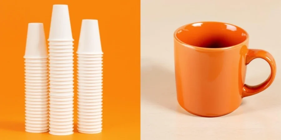 A side-by-side comparison image. On the left, against an orange background, there are three tall stacks of white disposable paper cups. On the right, against a light background, there is a single solid coffee mug with a handle.