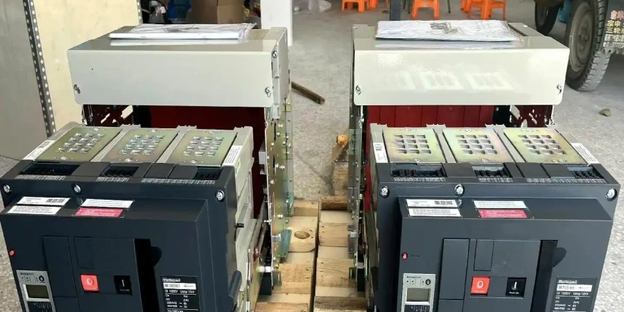 Two large draw-out type air circuit breakers (ACBs) mounted side by side on wooden pallets in a workshop. Each black breaker has a removable cassette-style frame, silver top cover, visible trip unit with digital display and keypad, red ON/OFF handle in the OFF position, multiple connection terminals, Chinese labels, and mounting hardware. The units are partially wrapped and positioned ready for installation or shipping, with a truck tire and orange stools in the background.