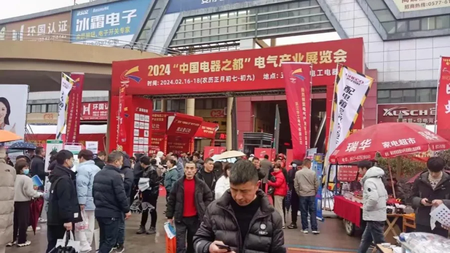 Crowded entrance to the 2024 China Electrical Capital Electrical Industry Exhibition in Liushi, with a large red archway banner, many visitors walking and holding umbrellas, and vendor stalls on the sides
