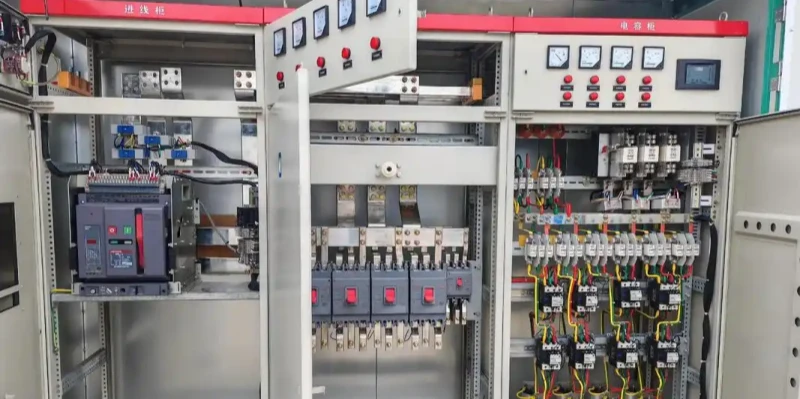 Open industrial electrical switchgear panel with red top section labeled for incoming and outgoing lines, featuring analog voltmeters and ammeters, red push buttons, multiple circuit breakers with red handles, contactors, relays, neatly bundled colorful wires (yellow, green, blue, black), busbars, a digital display, and various labeled electrical components mounted inside a metal enclosure in a workshop.