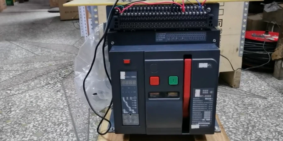 Large dark gray fixed-type air circuit breaker (ACB) placed on a wooden pallet in a workshop. The unit features a digital display, red and green push buttons, a long red vertical operating handle in the center, a control panel with buttons and indicators on the left side, multiple terminal blocks with red, blue, and black wires connected at the top, Chinese labels, and protective plastic wrapping nearby.