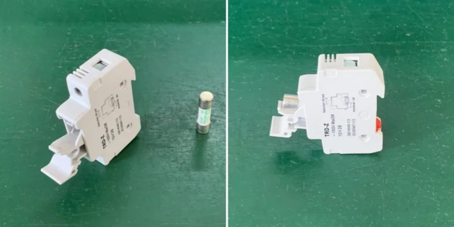 A side-by-side photo on a green background. On the left, a white fuse holder with its cover open and a small cylindrical glass fuse placed next to it. On the right, the same white fuse holder shown from a different angle with the fuse inserted and the cover closed.