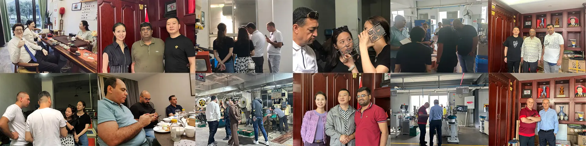 Photo gallery from our international guests' visit to Sincede Electric Factory: warm welcome with traditional Chinese tea in the office, friendly group photos with the team, guided tour through the production workshop, close-up inspections of electric components and samples, machinery in operation, casual team lunches, and final portraits in front of display cabinets and the modern factory floor.