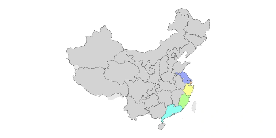 Outline map of China with most provinces in gray, highlighting five eastern and southeastern coastal areas in different colors: Shanghai in light orange, Jiangsu in purple, Zhejiang in yellow, Fujian in green, and Guangdong in light blue.