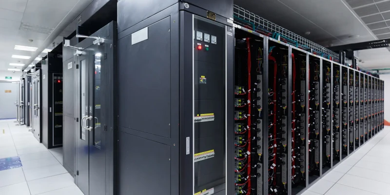 Rows of tall black server racks in a data center, with front panels open showing cables, wiring, indicator lights, and networking equipment under bright ceiling lights.