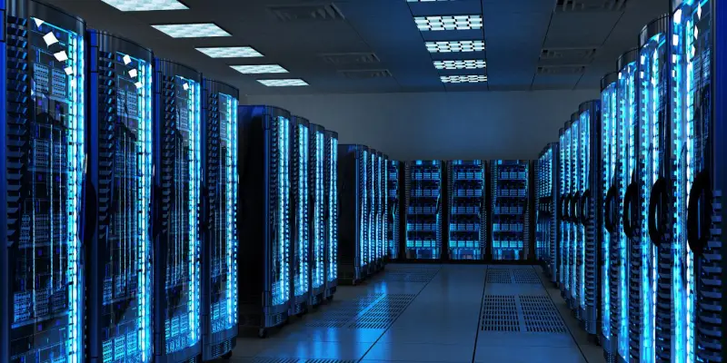 A long row of tall server racks in a large data center, illuminated with bright blue LED lights. The room has a dark floor, blue glowing server panels, and a high ceiling with grid lighting.