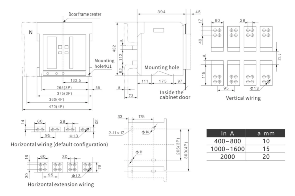 Technical engineering drawing showing the outline, mounting, and wiring dimensions for a draw-out type air circuit breaker model W1-2000 (2000A, 4-pole). Includes front view with door frame center line and overall panel dimensions, side view of the breaker inside the cabinet door, mounting hole locations (Φ11 and Φ13), vertical wiring terminal layout, default horizontal wiring configuration, horizontal extension wiring option, and a table listing current ratings (In A) from 400 to 2000A with corresponding dimension 'a' values (10 mm for 400–800A, 15 mm for 1000–1600A, 20 mm for 2000A). All measurements are in millimeters, with labels for mounting holes, inside cabinet door, and different pole configurations (3P and 4P).