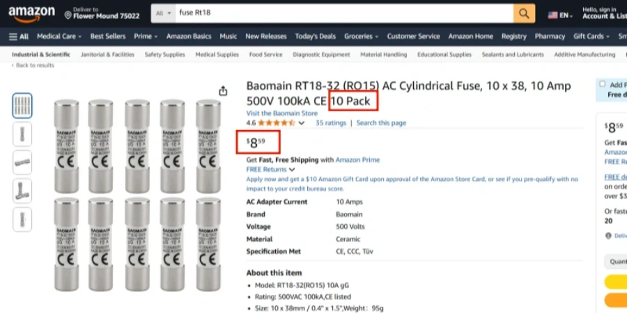 A screenshot of an Amazon product page for a 10-pack of Baomain RT18-32 (RO15) AC cylindrical fuses rated 10A and 500V. The main image shows ten silver ceramic fuses with 'CE' marks lined up. The price is $8.59 with free shipping for Prime members. The listing has a 4.6 out of 5 star rating from 35 reviews, and includes details like brand (Baomain), voltage (500 volts), and current (10 amps).