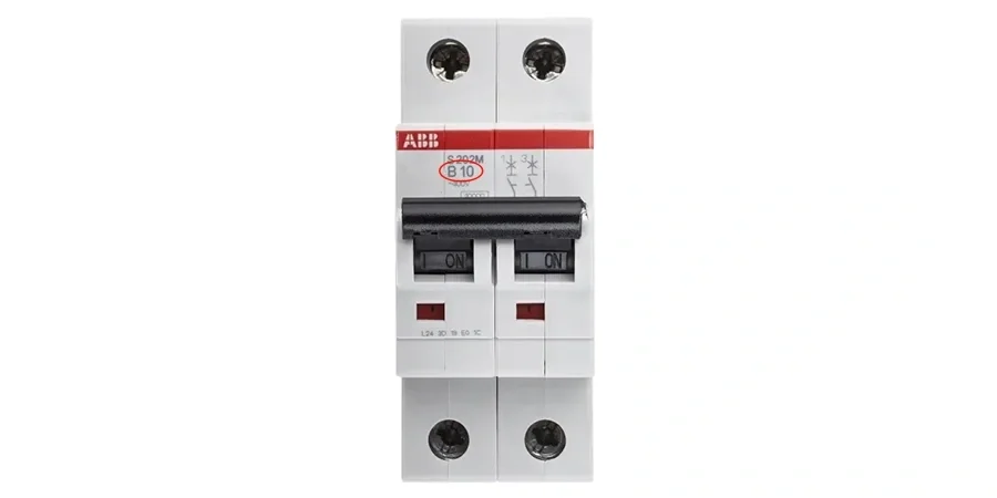 A white two-pole ABB S202M circuit breaker with black toggle switches in the on position. The label shows a red ABB logo, model 'S202M', and 'B10' circled in red, indicating it is a Type B tripping curve breaker rated for 10 amps. Red indicators are visible at the bottom.