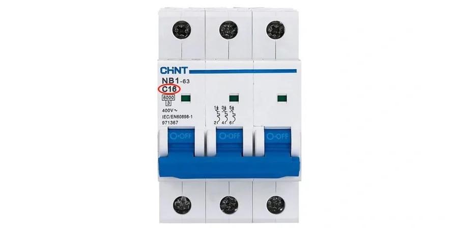 A white three-pole CHINT NB1-63 circuit breaker with blue toggle switches in the off position. The label shows 'NB1-63', 'C16' circled in red indicating Type C tripping curve, rated 16 amps, 400V, and 6000A breaking capacity. Green indicators are visible above each switch.