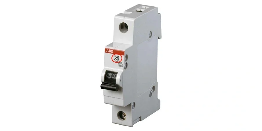 A white single-pole ABB S201 circuit breaker with a black toggle switch in the off position. The red ABB logo is on the front, and the label shows 'Z 4 A' circled in red, indicating it is a Type Z tripping curve breaker rated for 4 amps, with 6000A breaking capacity.