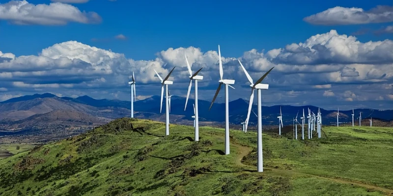A row of tall white wind turbines with three blades each standing on a grassy green hill under a bright blue sky with scattered white clouds. More turbines stretch into the distance along the rolling landscape, with rugged brown mountains visible in the background on a clear sunny day.
