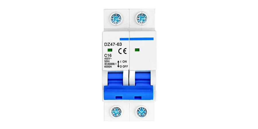 A 2-pole white miniature circuit breaker (MCB) model DZ47-63 rated C16 (16A, curve C). It features two blue ON/OFF toggle handles linked together in the center (shown in ON position), screw terminals at the top and bottom with circular openings for each pole, green indicator dots above the handles, CE certification mark, and printed technical specifications including 400V, 50Hz, IEC60898-1, 6000A breaking capacity. The breaker has a compact rectangular plastic housing with rounded edges, designed for DIN-rail mounting in electrical distribution boards for residential or commercial use.