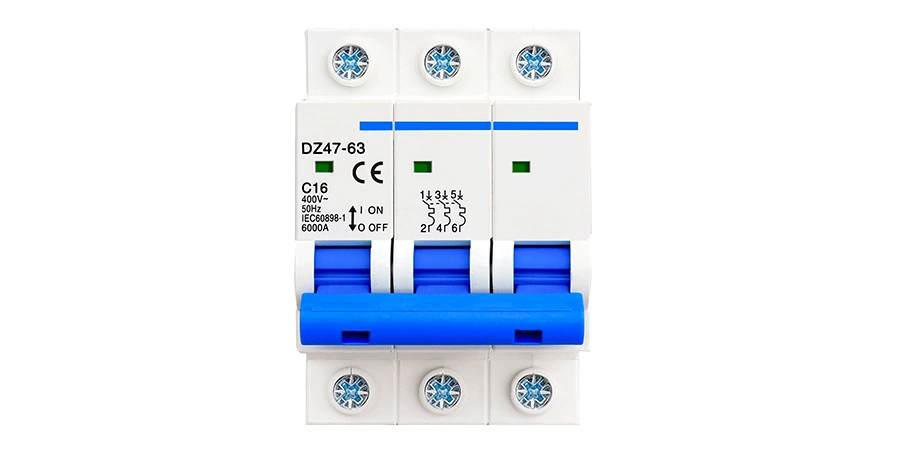 A 3-pole white miniature circuit breaker (MCB) model DZ47-63 rated C16 (16A, curve C). It features three linked blue ON/OFF toggle handles in the center (shown in ON position), screw terminals at the top and bottom with circular openings for each of the three poles, green indicator dots above the handles, CE certification mark, and printed technical specs including 400V, 50Hz, IEC60898-1, 6000A breaking capacity. The breaker has a compact rectangular plastic housing with rounded edges, designed for DIN-rail mounting in electrical distribution boards for three-phase applications.