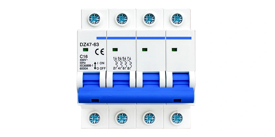 A 4-pole white miniature circuit breaker (MCB) model DZ47-63 rated C16 (16A, curve C). It features four linked blue ON/OFF toggle handles in the center (shown in the ON position), screw terminals at the top and bottom with circular openings for each of the four poles, green indicator dots above the handles, CE certification mark, and printed technical specifications including 400V, 50Hz, IEC60898-1, 6000A breaking capacity. The breaker has a compact rectangular plastic housing with rounded edges, designed for DIN-rail mounting in three-phase plus neutral electrical distribution boards.