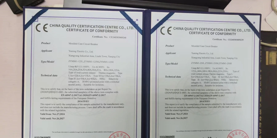 Two side-by-side CE Certificates of Conformity issued by China Quality Certification Centre Co., Ltd. The documents are bound with blue ribbons and placed on a surface. Both certificates are for Molded Case Circuit Breakers.