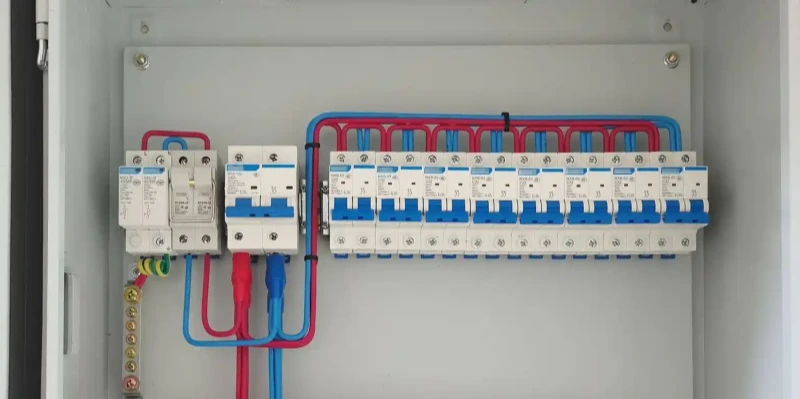 Open white metal electrical distribution panel showing neatly organized wiring and components. On the left are two double-pole miniature circuit breakers (MCBs) with blue levers connected by thick red and blue cables. To the right is a row of single-pole MCBs mounted on a DIN rail, all with blue handles in the ON position, linked by red and blue comb busbars for phase distribution. Color-coded wires (red for live, blue for neutral, yellow-green for ground) are routed neatly at the bottom with a terminal block for grounding. The setup is clean and professional, typical for residential or small commercial power distribution.