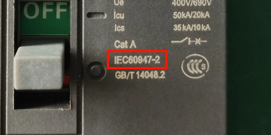 Close-up of the front panel on a dark gray molded case circuit breaker (MCCB) with the toggle handle in the OFF position (green background), displaying key electrical ratings: Ue 400V/690V, Icu 50kA/20kA, Ics 35kA/10kA, Category A designation, and compliance standards 'IEC 60947-2' (highlighted in red box) and 'GB/T 14048.2' printed below, along with a small test button and CCC safety mark symbol, typical specifications for industrial low-voltage circuit protection devices.
