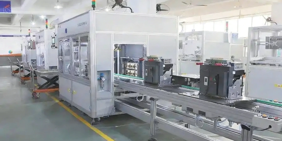 Large grey automated testing machines in a bright factory setting with air circuit breakers moving along a conveyor belt for inspection.