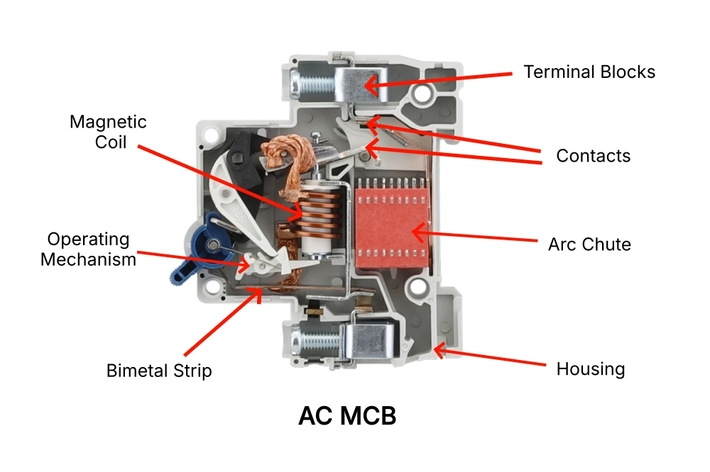 Cutaway diagram of an AC miniature circuit breaker (MCB) showing its internal components with red arrows pointing to each part. Labeled elements include: Terminal Blocks at the top, Magnetic Coil wrapped in copper wire, Contacts in the open position, Arc Chute with red stacked plates, Operating Mechanism with blue handle and white lever, Bimetal Strip at the bottom for thermal protection, and gray plastic Housing enclosing everything. The diagram highlights the thermal-magnetic tripping system typical in AC MCBs.