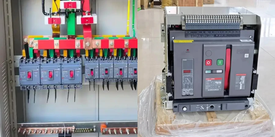 Side-by-side comparison photos of electrical breakers. On the left: An open electrical panel showing several gray molded case circuit breakers (MCCBs) mounted in a row at the bottom, connected to colorful insulated copper busbars (red, yellow, green, black phases) at the top with vertical separators, thick black incoming cables with lugs, and yellow/green grounding wires visible inside the cabinet. On the right: A standalone gray draw-out type air circuit breaker (ACB) placed on a wooden pallet, featuring a large digital display, red ON/OFF handle in the center, red and green push buttons, extensive top terminal block with many connection points, bottom cassette frame with additional controls and labels, partially wrapped in clear plastic for protection.