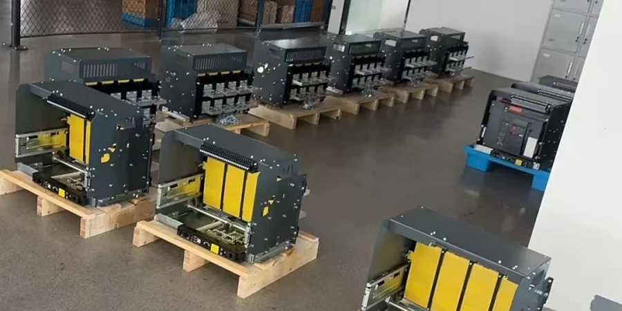 Indoor warehouse or factory storage area with multiple rows of large air circuit breakers (ACBs) placed on wooden pallets, each unit featuring a dark gray or black metal enclosure with open front panels revealing bright yellow insulators, copper busbars, and internal switching mechanisms, several units lined up neatly in parallel rows on a smooth gray concrete floor, some with hinged doors swung open, background includes chain-link fencing, metal storage lockers, blue pallets, and stacked boxes under bright overhead lighting, typical industrial electrical equipment setup.