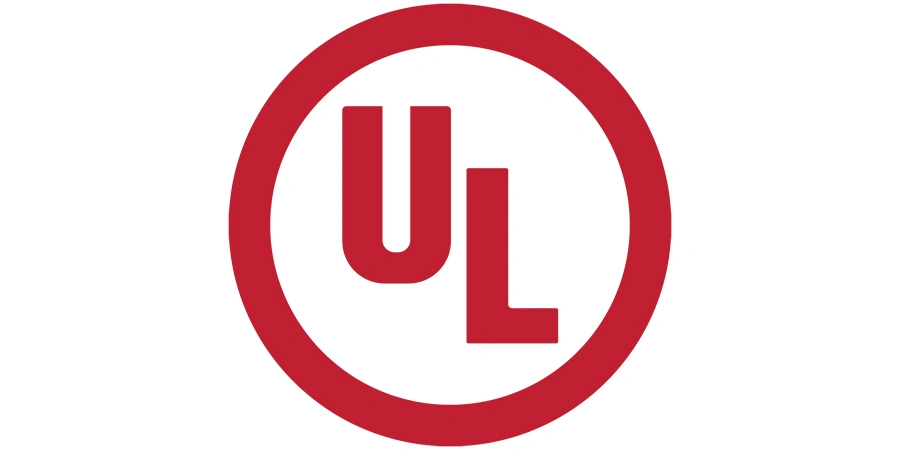 Official UL safety certification logo in solid red color on a transparent or white background, featuring a bold circular border with the letters 'UL' prominently centered inside, the 'U' and 'L' in uppercase sans-serif font, thick red outline forming a perfect circle around the letters, simple and recognizable symbol used on electrical products, appliances, and equipment to indicate compliance with safety standards.