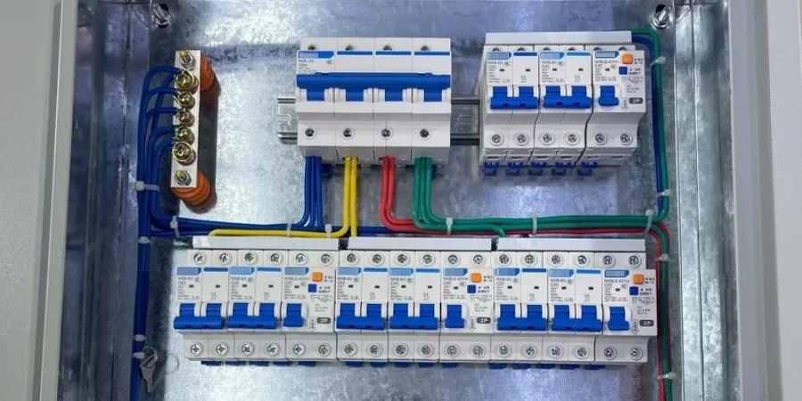 Wall-mounted metal electrical panel with neat wiring. The top row has two- and four-pole MCBs and RCDs with blue switches (around 63A), connected by color-coded wires secured with cable ties. On the left is the main terminal block for incoming power. The bottom row has single-pole MCBs (around 16A or 20A) with blue switches in the ON position and orange test buttons. Clean, professional installation for residential or commercial use.