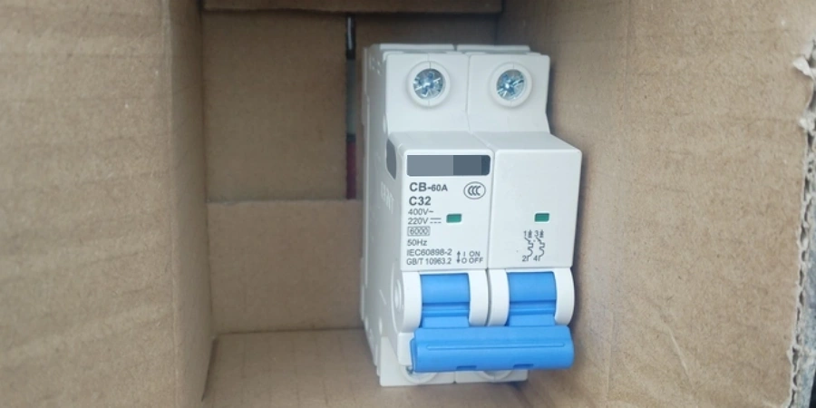 Close-up of a 2-pole DC circuit breaker resting in brown cardboard packaging. The device has a white body, blue operating handles in ON position, printed ratings including C32 (32A C-curve), 400V AC/220V, 50Hz, and certification marks (CCC, IEC/GB standards)