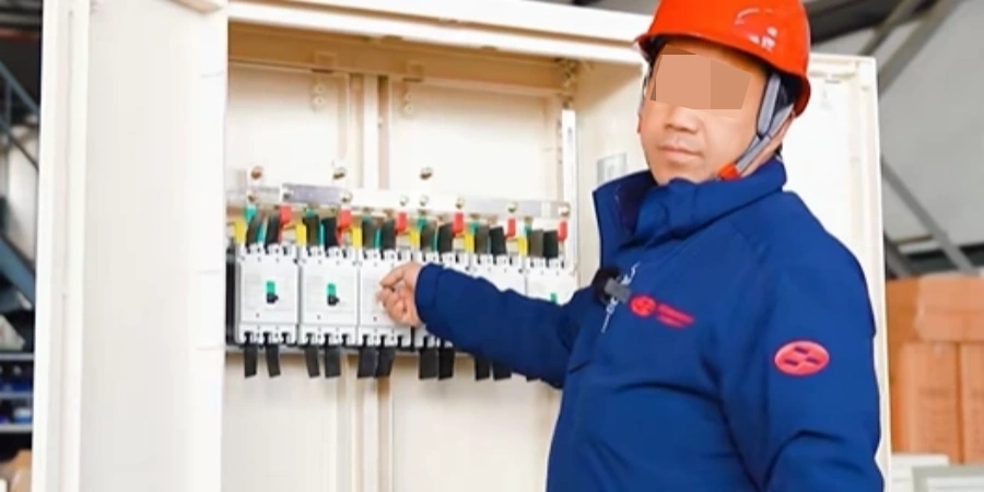 A worker wearing a blue insulated jacket with a red logo, red hard hat, and safety gear stands to the side of an open white metal electrical panel in an industrial workshop. He is turned slightly sideways, partially away from the camera, reaching with one hand to close a molded case circuit breaker (MCCB) on the DIN rail inside. A row of MCCBs with blue, green, and red toggles is visible, along with neatly arranged busbars. The panel door is open, showing organized wiring inside. This is a typical safety-conscious electrical operation or demonstration.