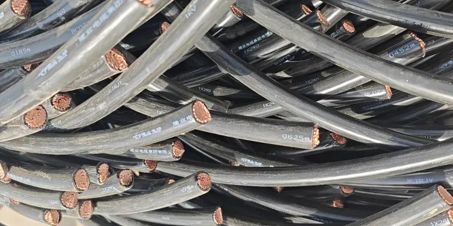 Close-up of a heap of black-sheathed copper cables, ends stripped or cut exposing reddish-brown copper cores, covered in various white printed labels including model codes, lengths in meters, and manufacturer information in Chinese.