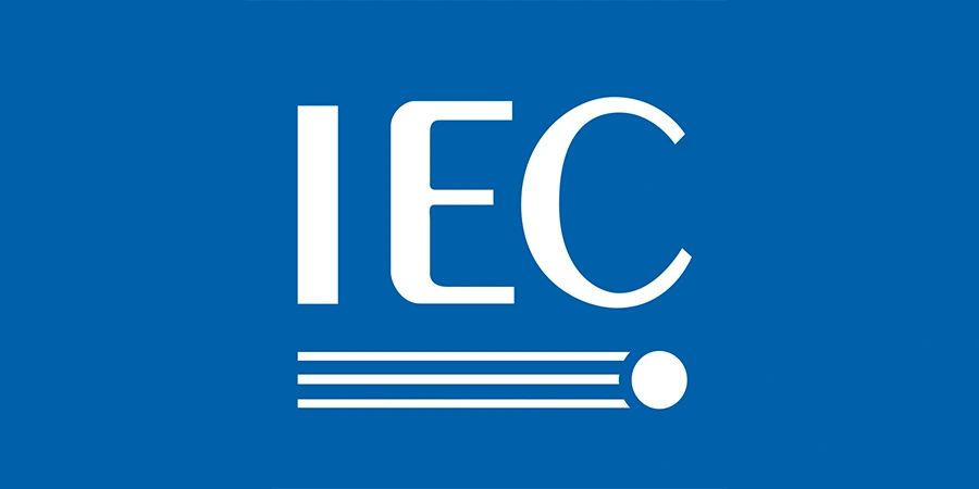 The official logo of IEC featuring white text 'IEC' and a stylized white line with a circle on a solid blue background
