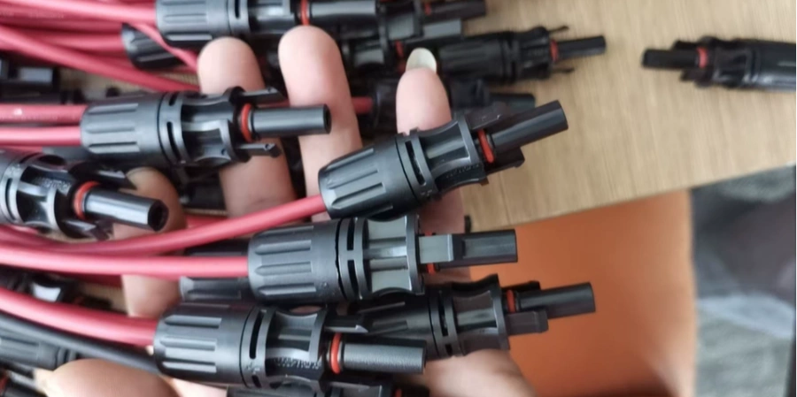 Close-up of a handful of black MC4 solar connectors with red and black cables, held in a person's fingers. The connectors feature threaded locking collars, red O-ring seals, male and female ends visible, stacked in a pile on a wooden surface.