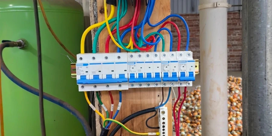Colorful wires (yellow, green, red, blue, black) connected to blue-handled miniature circuit breakers installed on the din rail