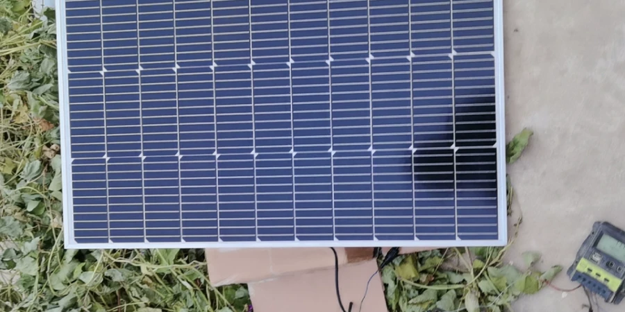 A rectangular blue solar photovoltaic panel with white aluminum frame, laid flat on the ground amid green weeds and dry grass. The panel shows a grid of dark blue cells with white busbars and small white dots. A black cable runs from the panel to a cardboard box base, with a green digital multimeter or tester device placed nearby on the dirt.