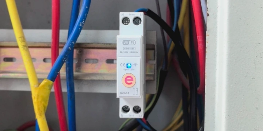 Narrow white DIN-rail mounted smart electrical device labeled 'WiFi' with a red 'e' logo and blue WiFi symbol, rated current 63A, mounted on a metal DIN rail inside an open electrical distribution box, featuring screw terminals at top and bottom connected to colorful wires including yellow, red, blue, black, and green-yellow, blue LED indicator light visible, CE marking present, surrounded by bundled multicolored cables (blue, red, yellow, black) typical of a residential or light commercial electrical panel with smart home or remote monitoring functionality.