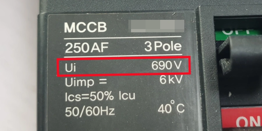 Close-up view of a black MCCB circuit breaker label with white text, featuring a red rectangular highlight around 'Ui 690 V', along with specifications including 250AF, 3 Pole, Uimp = 6kV, Ics=50% Icu, 50/60Hz, and 40 °C