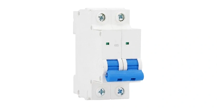 Two-pole type K miniature circuit breaker with green indicators and blue switches, showing the model marking K63