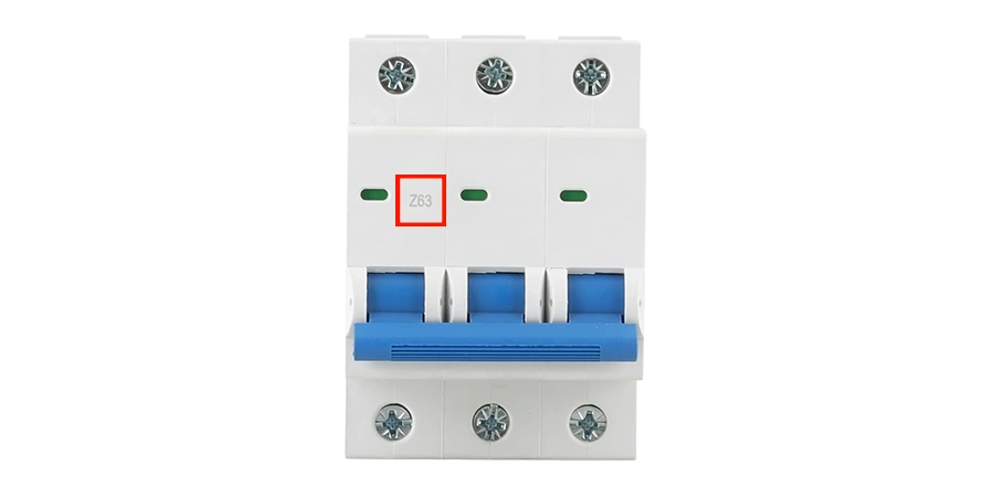Three-pole type Z miniature circuit breaker with a red rectangle highlighting the model Z63 and three green indicators above the blue switches